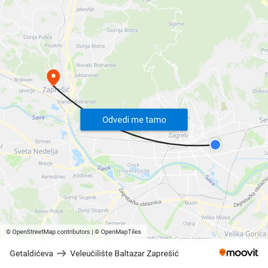 Getaldićeva to Veleučilište Baltazar Zaprešić map