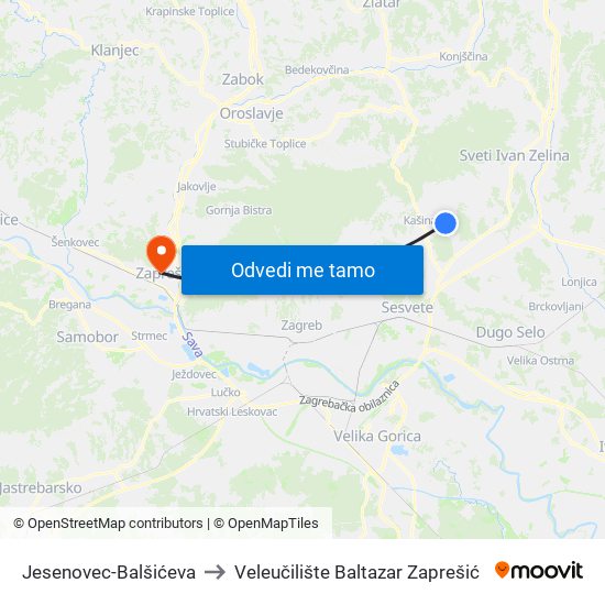 Jesenovec-Balšićeva to Veleučilište Baltazar Zaprešić map