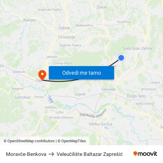 Moravče-Benkova to Veleučilište Baltazar Zaprešić map