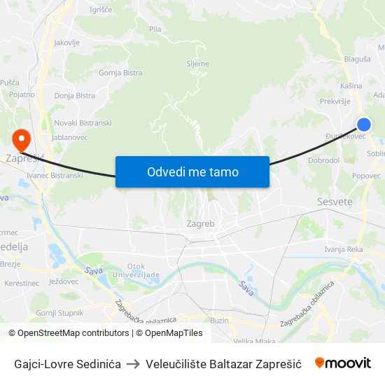 Gajci-Lovre Sedinića to Veleučilište Baltazar Zaprešić map