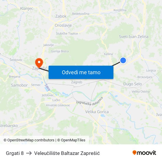 Grgati 8 to Veleučilište Baltazar Zaprešić map