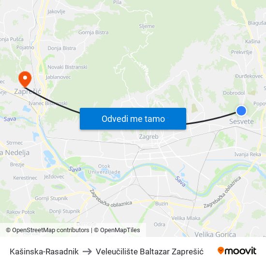 Kašinska-Rasadnik to Veleučilište Baltazar Zaprešić map