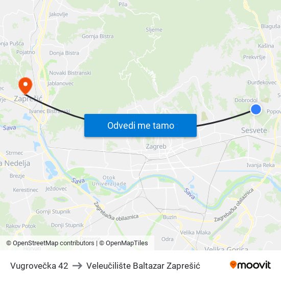 Vugrovečka 42 to Veleučilište Baltazar Zaprešić map