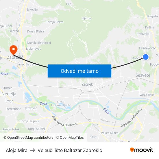 Aleja Mira to Veleučilište Baltazar Zaprešić map