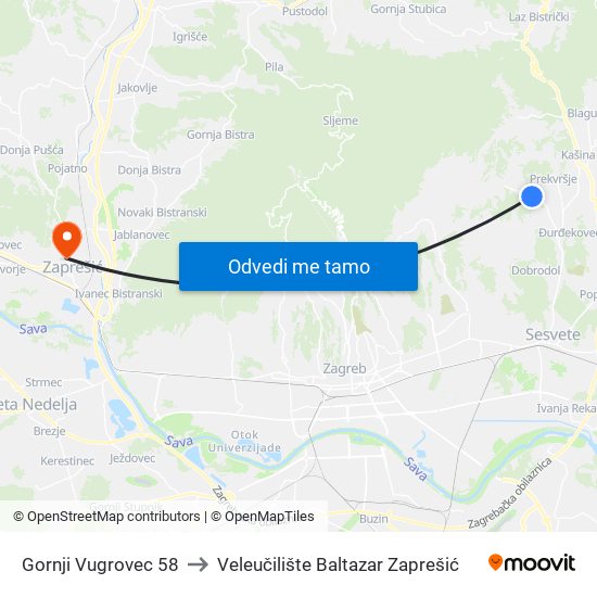 Gornji Vugrovec 58 to Veleučilište Baltazar Zaprešić map