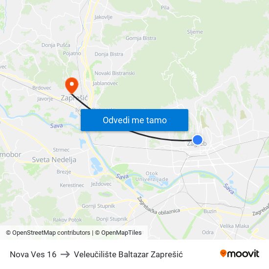 Nova Ves 16 to Veleučilište Baltazar Zaprešić map