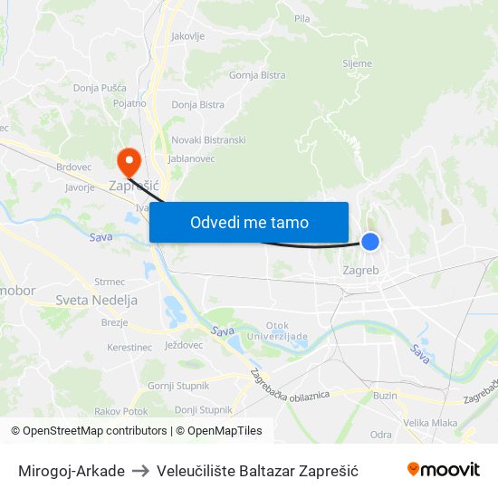 Mirogoj-Arkade to Veleučilište Baltazar Zaprešić map