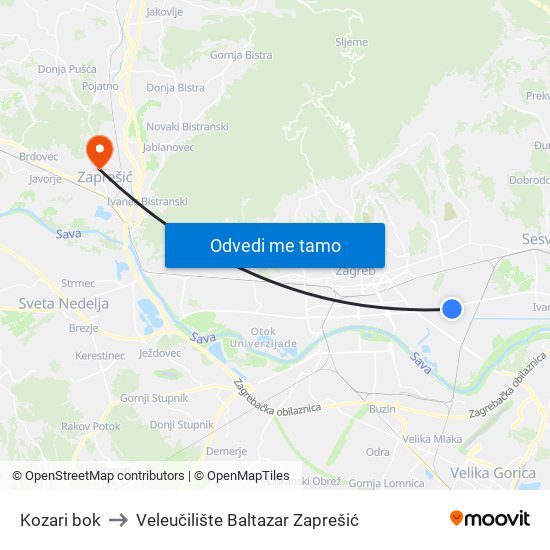 Kozari bok to Veleučilište Baltazar Zaprešić map