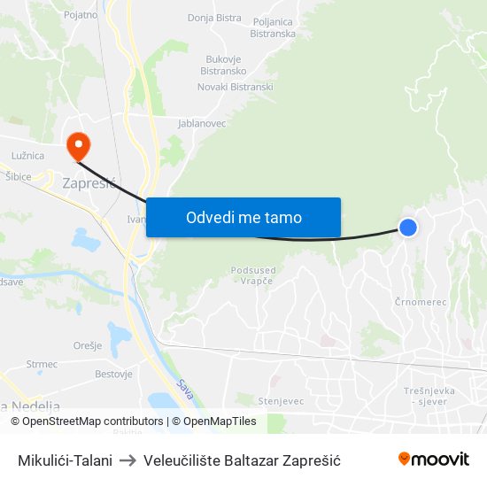 Mikulići-Talani to Veleučilište Baltazar Zaprešić map