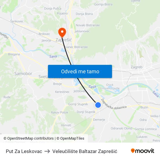 Put Za Leskovac to Veleučilište Baltazar Zaprešić map