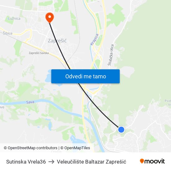 Sutinska Vrela36 to Veleučilište Baltazar Zaprešić map