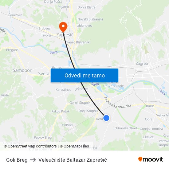 Goli Breg to Veleučilište Baltazar Zaprešić map