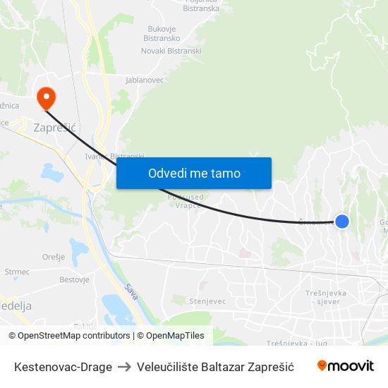 Kestenovac-Drage to Veleučilište Baltazar Zaprešić map