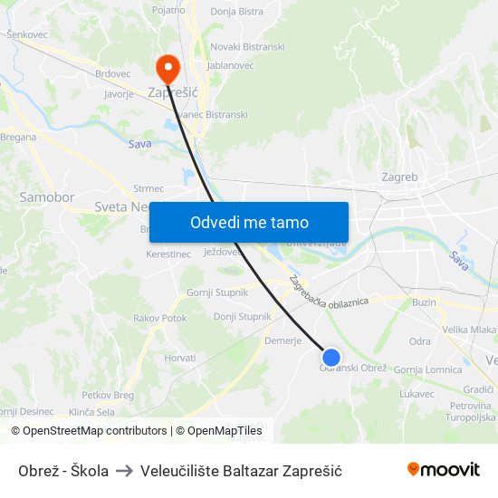 Obrež - Škola to Veleučilište Baltazar Zaprešić map