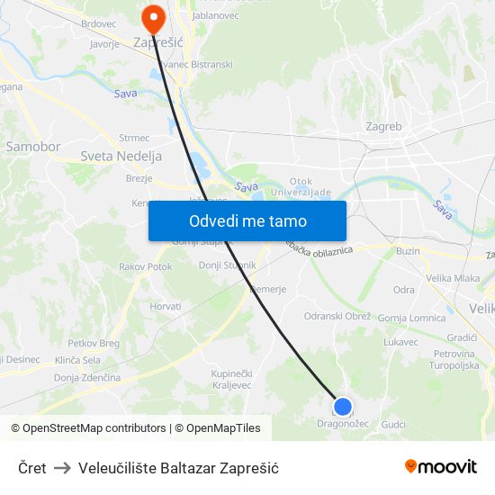 Čret to Veleučilište Baltazar Zaprešić map