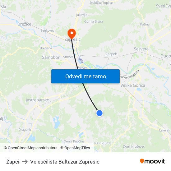 Žapci to Veleučilište Baltazar Zaprešić map