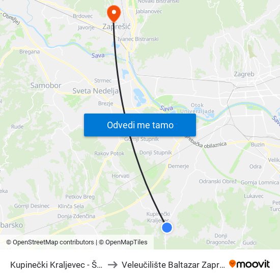 Kupinečki Kraljevec - Škola to Veleučilište Baltazar Zaprešić map