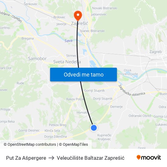 Put Za Ašpergere to Veleučilište Baltazar Zaprešić map