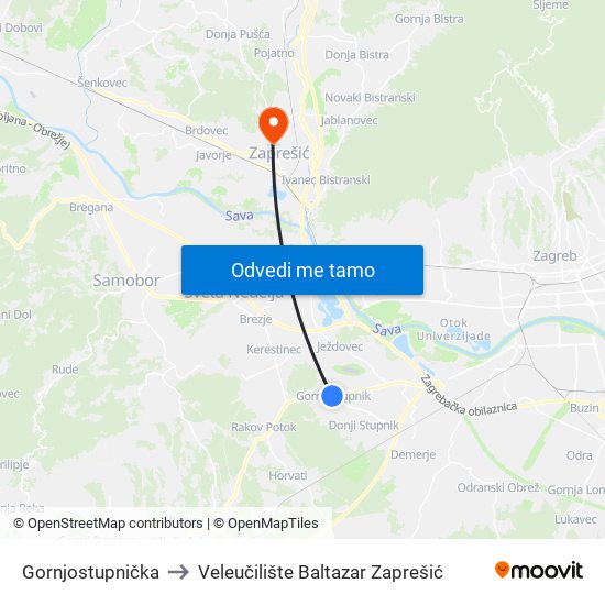 Gornjostupnička to Veleučilište Baltazar Zaprešić map