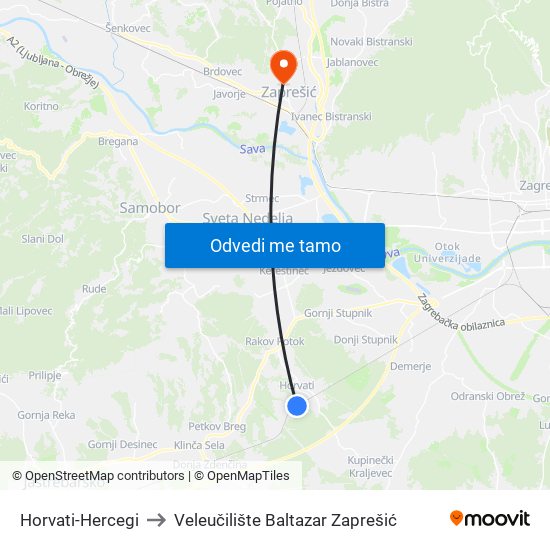 Horvati-Hercegi to Veleučilište Baltazar Zaprešić map