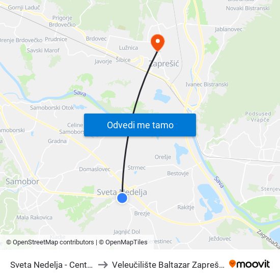 Sveta Nedelja - Centar to Veleučilište Baltazar Zaprešić map