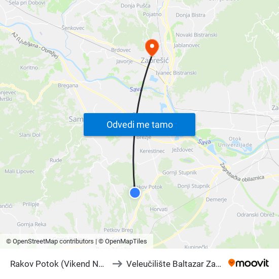 Rakov Potok (Vikend Naselje) to Veleučilište Baltazar Zaprešić map