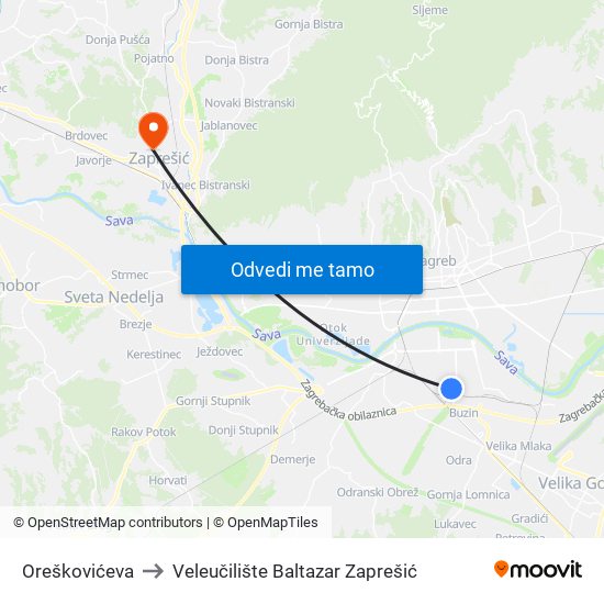 Oreškovićeva to Veleučilište Baltazar Zaprešić map