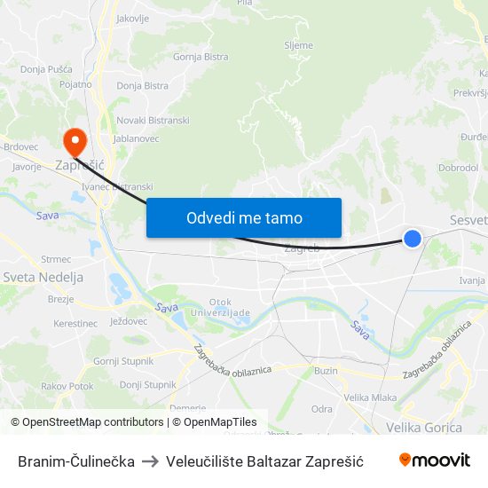 Branim-Čulinečka to Veleučilište Baltazar Zaprešić map