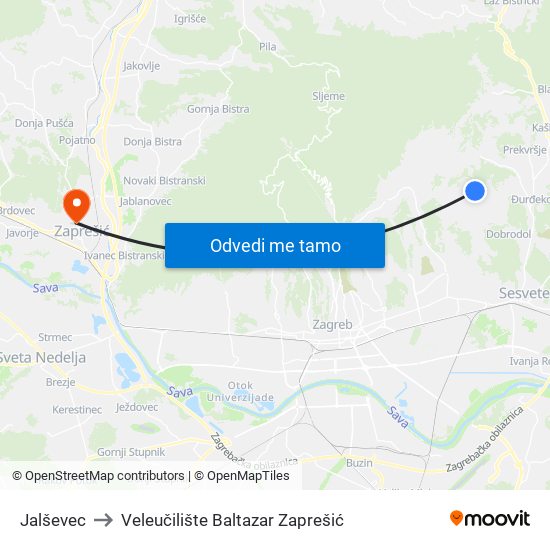 Jalševec to Veleučilište Baltazar Zaprešić map