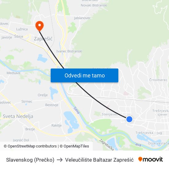 Slavenskog (Prečko) to Veleučilište Baltazar Zaprešić map