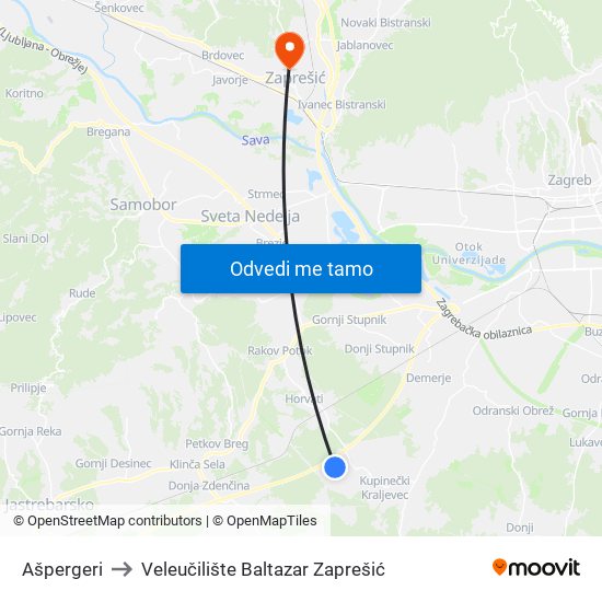 Ašpergeri to Veleučilište Baltazar Zaprešić map