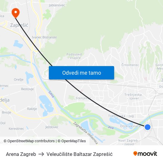 Arena Zagreb to Veleučilište Baltazar Zaprešić map