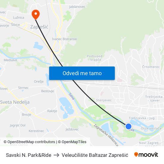 Savski N. Park&Ride to Veleučilište Baltazar Zaprešić map