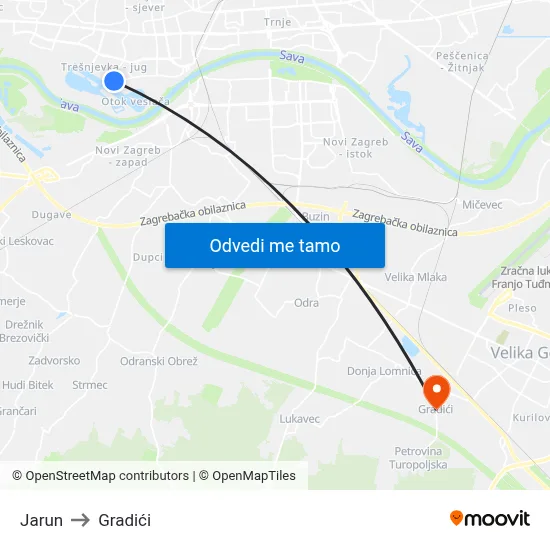 Jarun to Gradići map