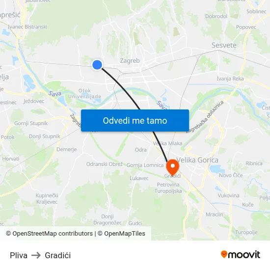 Pliva to Gradići map