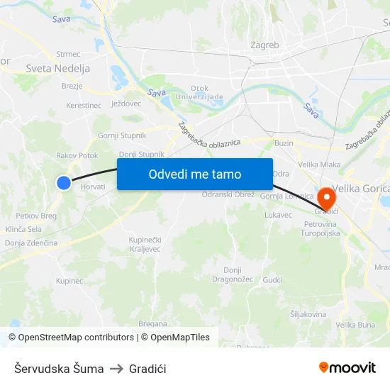 Šervudska Šuma to Gradići map