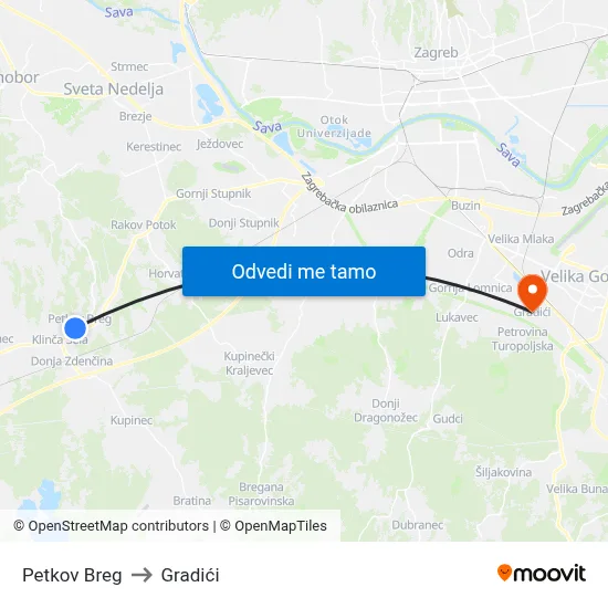 Petkov Breg to Gradići map