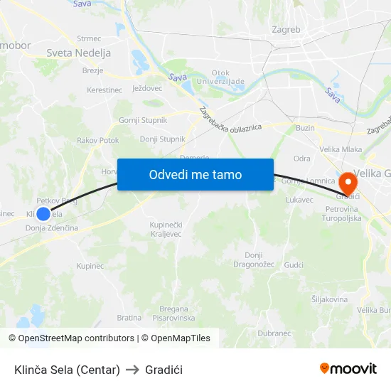 Klinča Sela (Centar) to Gradići map