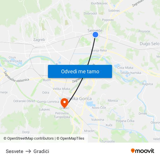 Sesvete to Gradići map