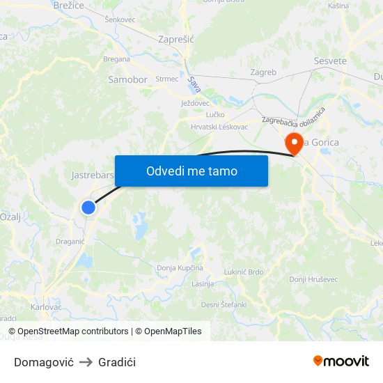 Domagović to Gradići map
