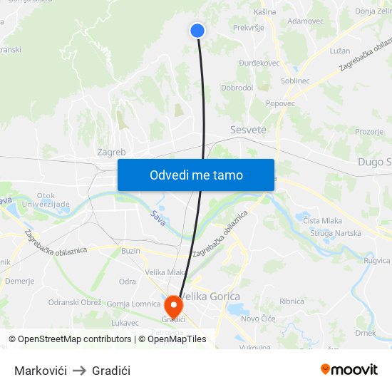 Markovići to Gradići map