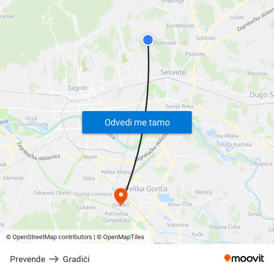 Prevende to Gradići map