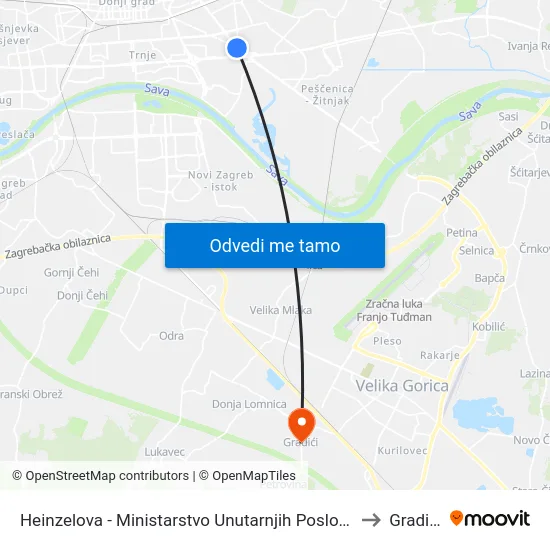 Heinzelova - Ministarstvo Unutarnjih Poslova to Gradići map