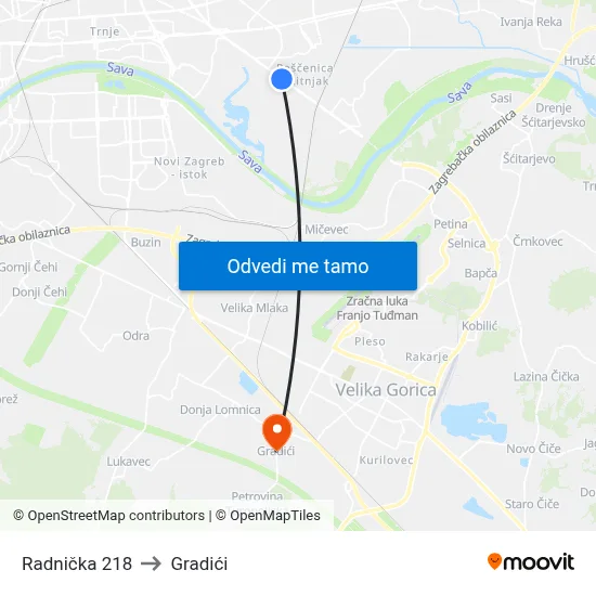 Radnička 218 to Gradići map
