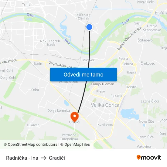 Radnička - Ina to Gradići map