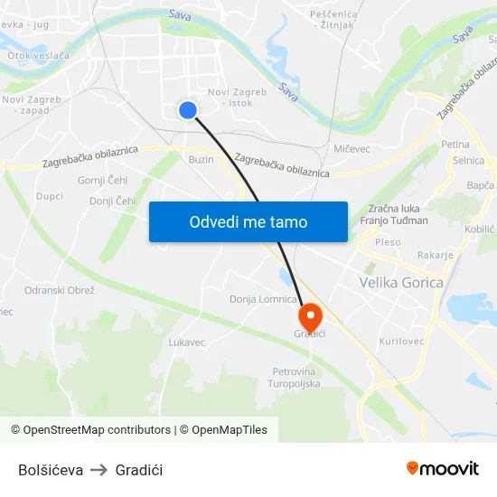 Bolšićeva to Gradići map