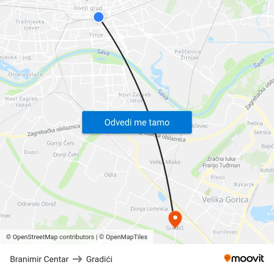 Branimir Centar to Gradići map