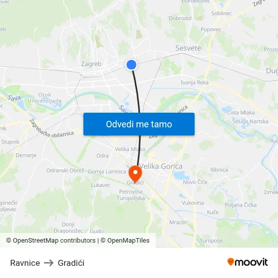 Ravnice to Gradići map