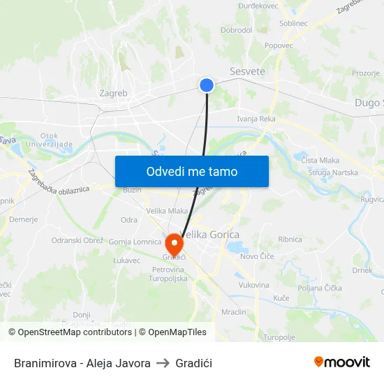 Branimirova - Aleja Javora to Gradići map