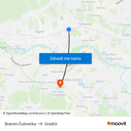 Branim-Čulinečka to Gradići map